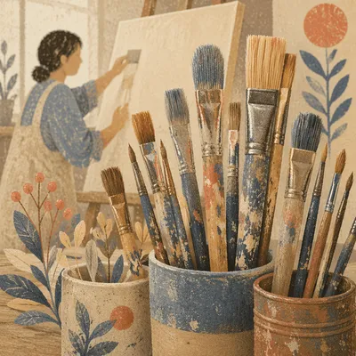 Paintbrushes in Quiet Artist Studio Close-Up