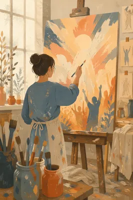 Artist Painting Abstract Canvas in Studio