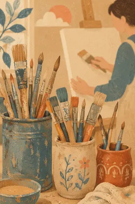 Paintbrushes in Reverent Artist Studio Light