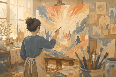 Artist Painting Abstract Canvas in Studio