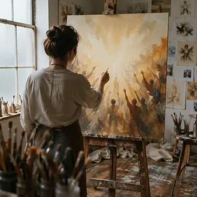 Artist Painting Abstract Canvas in Studio