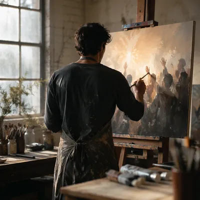 Artist Painting at Loft Studio Easel
