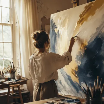 Artist Painting Large Abstract Canvas