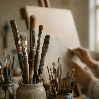 Paintbrushes in Quiet Artist Studio Close-up
