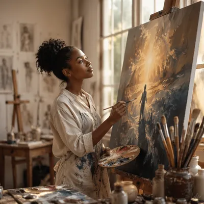 Young Woman Painting in Sunlit Studio