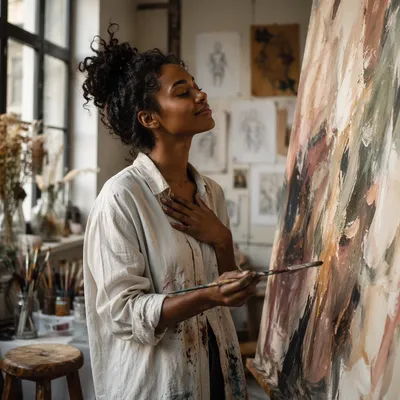 Young Artist Painting in Sunlit Studio