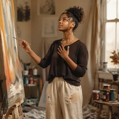 Young Woman Painting in Sunlit Studio