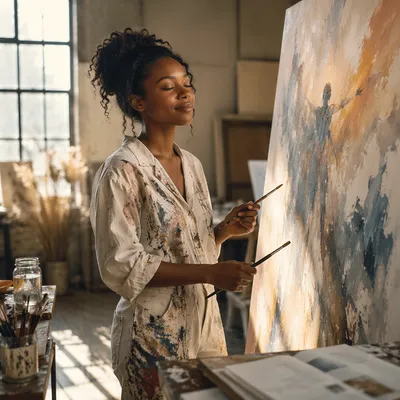 Young Artist Painting in Sunlit Studio