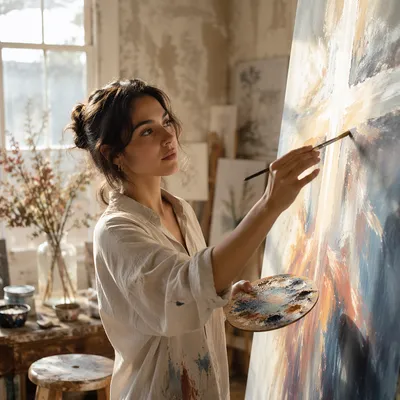 Young Woman Painting in Sunlit Studio