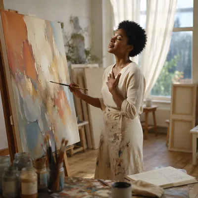 Young Artist Painting in Sunlit Studio