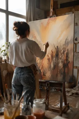 Artist Painting Abstract Canvas in Studio