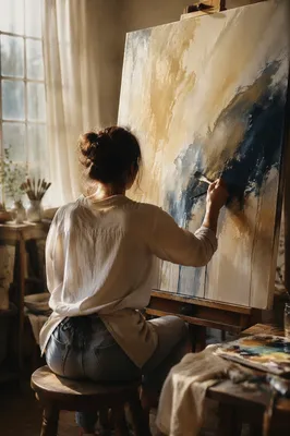 Artist Painting Abstract Canvas in Studio
