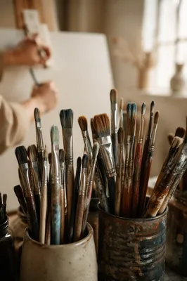 Paintbrushes in Quiet Artist Studio Closeup