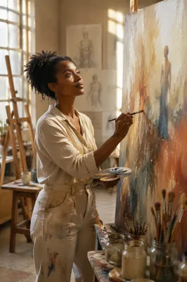 Young Woman Painting in Sunlit Studio