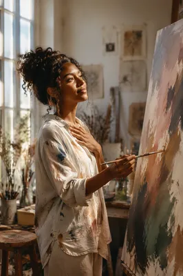Young Artist Painting in Sunlit Studio