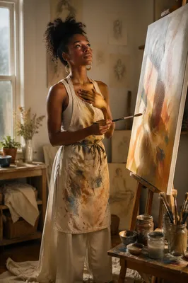 Young Woman Painting in Sunlit Studio