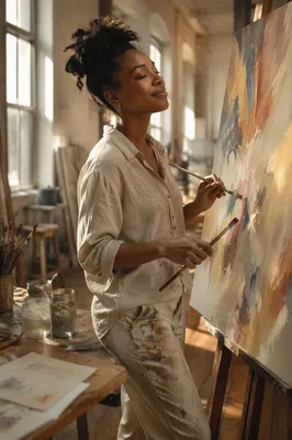 Young Artist Painting in Sunlit Studio