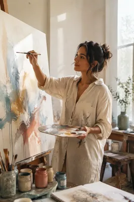 Young Woman Painting in Sunlit Studio