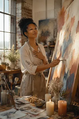 Young Woman Painting in Sunlit Loft Studio