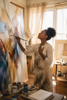Young Artist Painting in Sunlit Studio