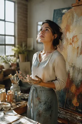 Young Woman Painting in Sunlit Studio