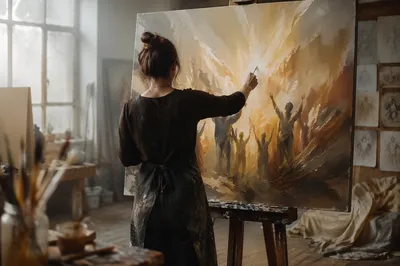 Artist Painting Abstract Canvas in Studio
