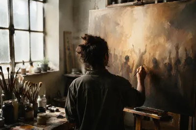 Artist Painting at Loft Studio Easel