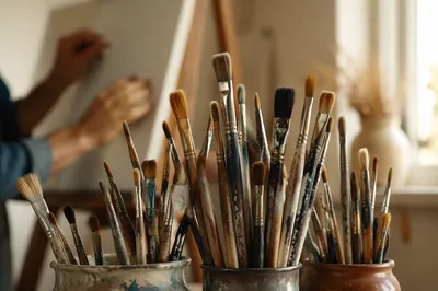 Paintbrushes in Quiet Artist Studio Close-Up