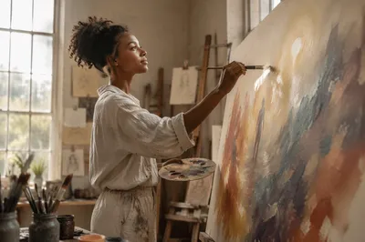 Young Woman Painting in Sunlit Studio