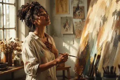 Young Woman Painting in Sunlit Studio
