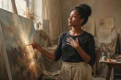 Young Woman Painting in Sunlit Studio