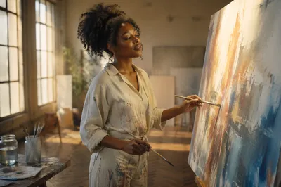 Young Woman Painting in Sunlit Studio