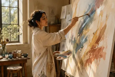Young Woman Painting in Sunlit Studio
