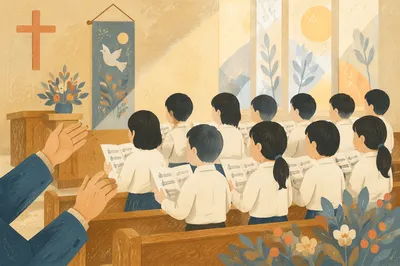 Asian Children Choir Singing in Chapel