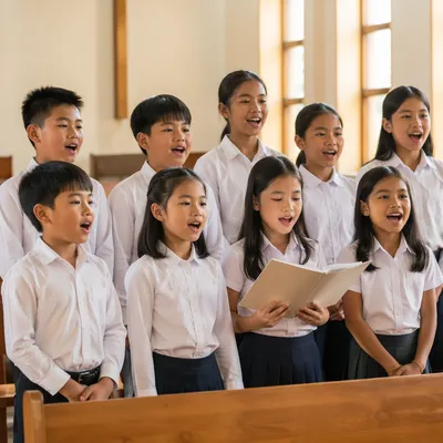 Asian Children Choir Singing in Chapel