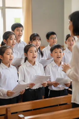 Asian Children Choir Singing in White Shirts