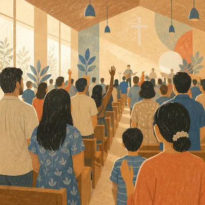 Church Congregation in Sunlit Chapel