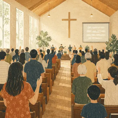 Diverse Congregation Worshipping in Modern Church