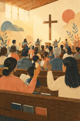 Diverse Congregation Worshipping in Church Sanctuary