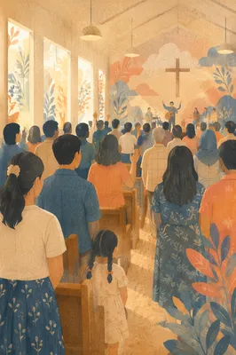 Diverse Congregation in Sunlit Chapel