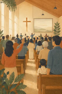 Diverse Congregation in Contemporary Church Interior