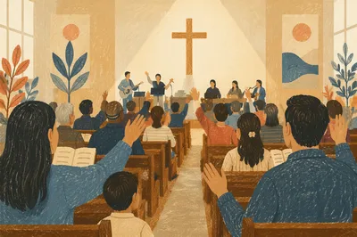 Diverse Congregation Worshipping in Church Sanctuary