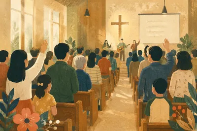Diverse Congregation in Contemporary Church Interior
