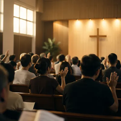 Diverse Congregation Worshipping in Church Sanctuary