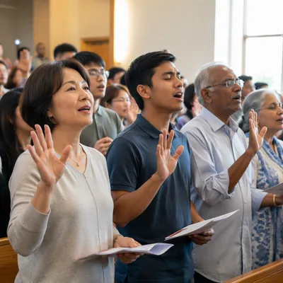Asian Church Congregation Singing in Sanctuary