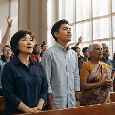 Diverse Asian Congregation in Bright Church Hall