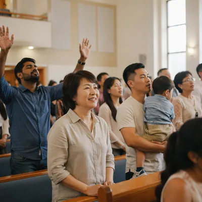 Diverse Asian Congregation in Bright Sanctuary