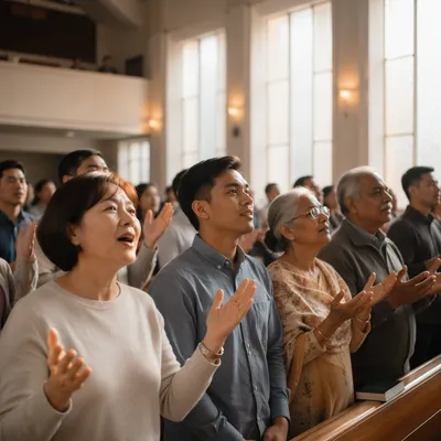 Diverse Asian Congregation in Worship Hall
