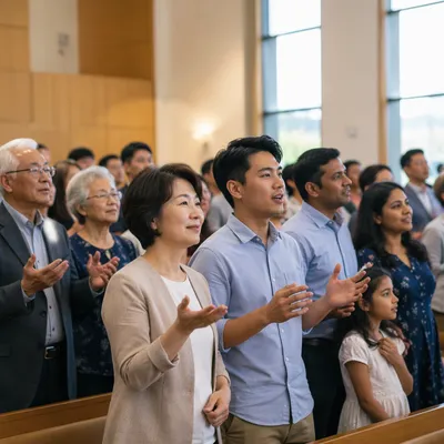Diverse Asian Congregation in Modern Worship Hall