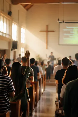 Asian Congregation Worshipping in Church Interior